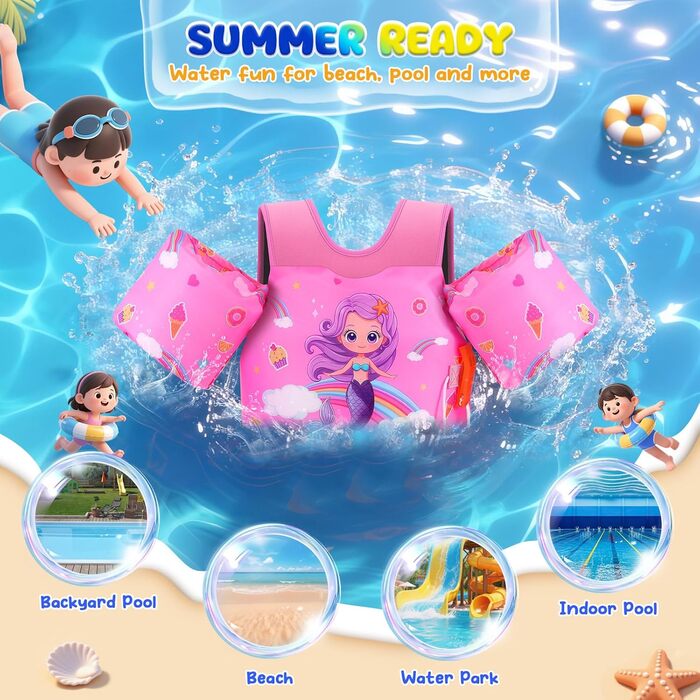 Надувні рукавики для плавання MoKo для дітей, рожевий, райдужний, фіолетовий, мотив русалки, 9-23 кг