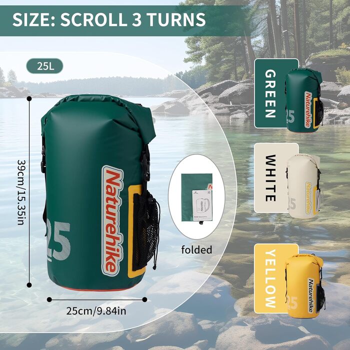 Водонепроникний рюкзак Naturehike Dry Bag 25L – 15L/10L, для каякінгу, риболовлі, рафтингу, плавання, сноубордингу (зелений)