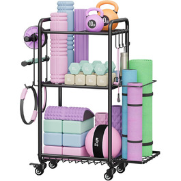 Стійка для зберігання йогаматів, гантелей, м'ячів для фітнесу, ролів, органайзер для спортивного інвентарю з гачками та колесами