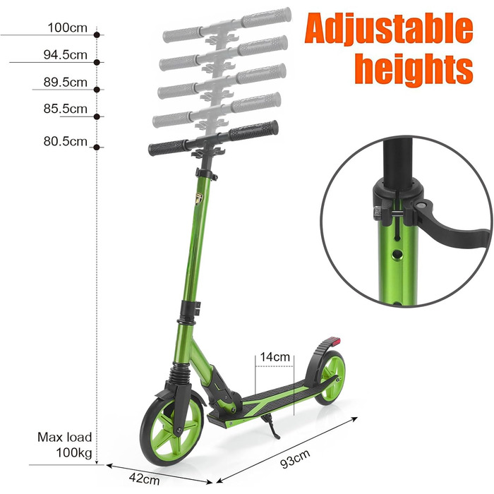 Скутер Lamborghini Tretroller Cityroller Big Wheel: складний, регульована висота, для дорослих та дітей, з підставкою, передньою підвіскою та гальмом на задньому колесі, до 100 кг (зелений)