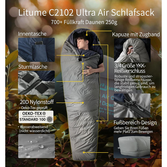 Спальник Litume Ultra Kompakt пуховий для літа та 3 сезонів, 700+ Fill Power, ультралегкий мумія, для туризму, подорожей, кемпінгу, рюкзаків, дорослих, Outdoor (10°C)