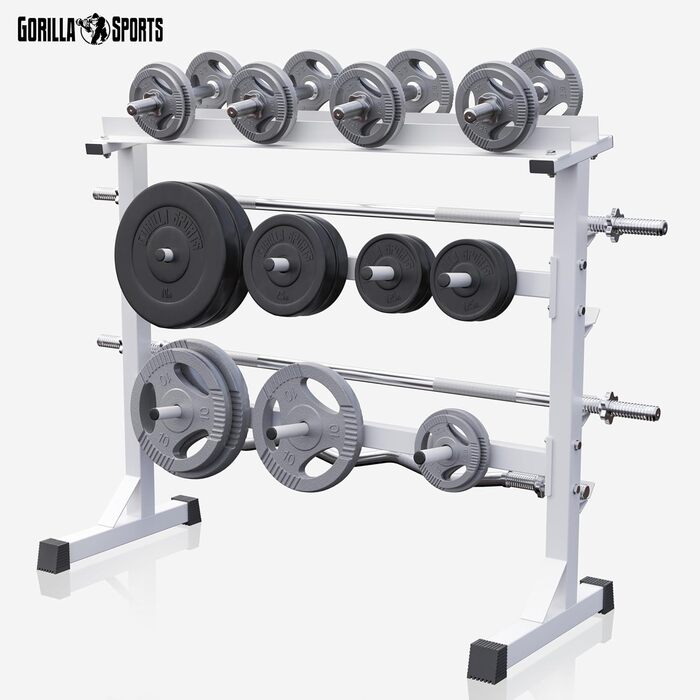 Стійка для гантелей GORILLA SPORTS, 3-рівнева, 30 мм, до 400 кг, сталева, чорна/біла/срібляста – стійка для гантелей і дисків, підставка для штанг