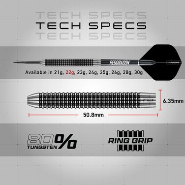 Дарти RED DRAGON Pegasus Profi 80% Tungsten 22г (набір сталевих дротиків з наконечниками, пір'ями, стеблами та кейсом)
