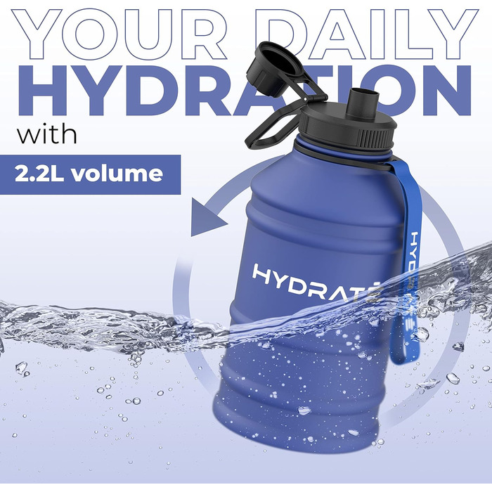 Фляга для води HYDRATE з нержавіючої сталі, 2.2 літри, без BPA, спортивна, металева, з нейлоновим ремінцем, надійна, 2200 мл, Middernachtsblau (Темно-синій)