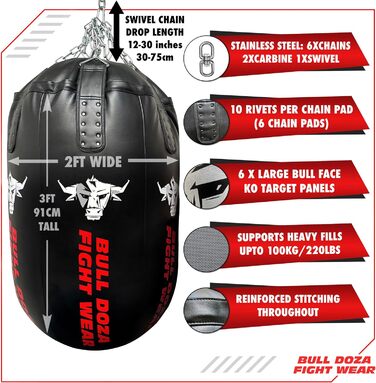Великий боксерський мішок Bullet Boxsack самонаповнюваний 100 кг, важкий, з нержавіючим ланцюгом, Bull Doza Fight Wear