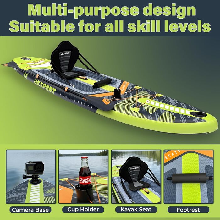 SUP дошка AKSPORT 11' надувна з комплектом аксесуарів, 34 дюйми, антиковзке покриття, для дорослих та підлітків (чорно-зелена)