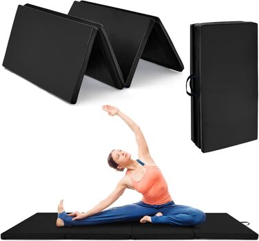 Складаний гімнастичний мат COSTWAY 240x120x5 см чорний, фітнес-мат для йоги та тренувань із ручками і липучками