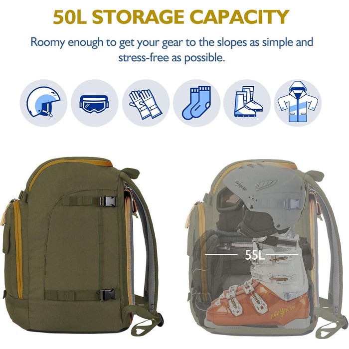 Рюкзак для лижного спорядження Unigear 50L/70L з відділенням для шолома, 50/70 літрів, армійний зелений