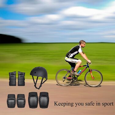 Комплект захисту SANON для дорослих (7 предметів): шолом, наколінники, налокітники, захист зап'ясть для велосипеда, ролика, скейтборду, чорний, розмір M (41-60 кг)