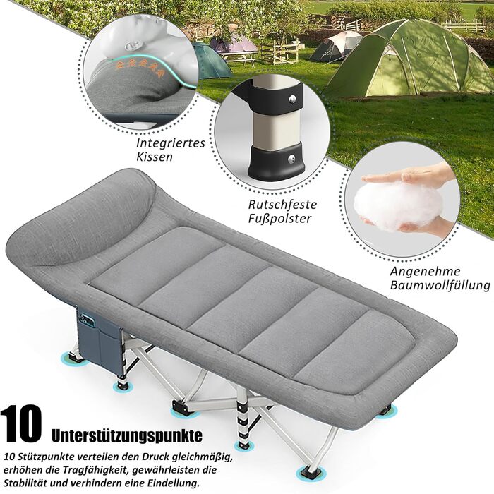 Кемпінгове ліжко Caliyo складне, з матрацом 200 x 80 x 40 см, до 200 кг, з мішком для зберігання, сірий