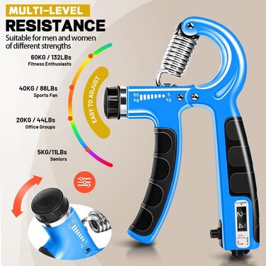 Flintronic Набір для тренування рук та передпліч з лічильником, 5-60 кг, фітнес, скелелазіння, реабілітація (Синій, 6 шт.)