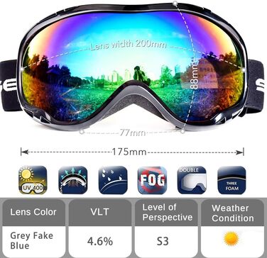 Гірськолижна маска Snowledge для чоловіків і жінок, подвійна лінза OTG, UV400, антифог, вітрозахист, для сноуборду, лиж, сумісна з шоломом, чорна/синьо-зелена (VLT 4.6%)