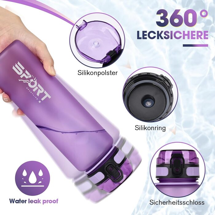 Спортивна пляшка для води 1л, витокостійка, без BPA, з мірною шкалою, смарагдово-зелена (лавандова)