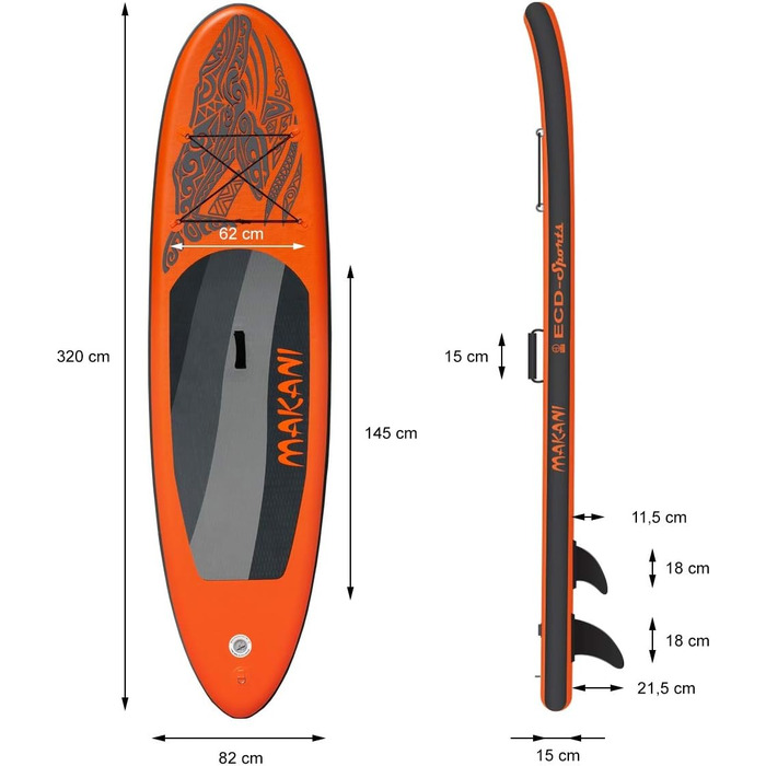 Надувна SUP-дошка ECD Germany Makani 305/308/320/380 см, PVC, до 120/150 кг, товщина 10/15 см, з каяк-сидінням, комплект із сумкою, веслом, для серфінгу та веслування, помаранчева
