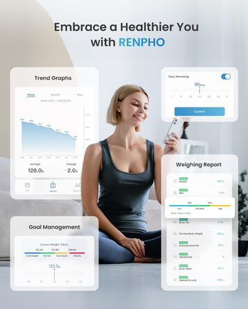 RENPHO Смарт-вага для аналізу складу тіла, Bluetooth, 180 кг, чорна, із додатком, визначає жирову масу, ІМТ, м’язову масу, білок, BMR, 280 мм