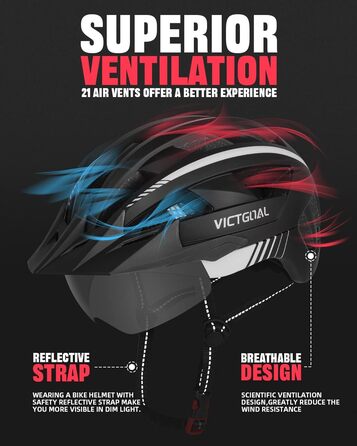 Велосипедний шолом VICTGOAL MTB з магнітним візором, знімним сонцезахистом і LED підсвіткою, для дорослих, чорний-білий, розмір M (54-58 см)