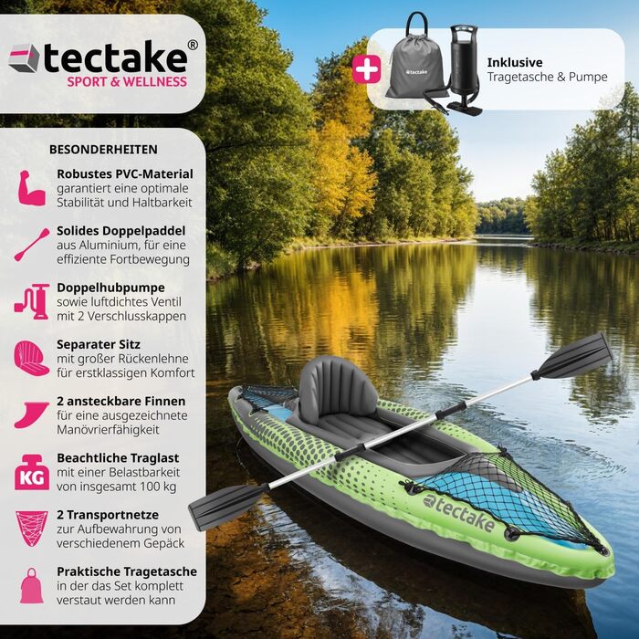 tectake® Надувний каяк-каное для 1 особи з веслом, сидінням, насосом і сумкою для транспортування, для водного спорту, риболовлі та відпочинку