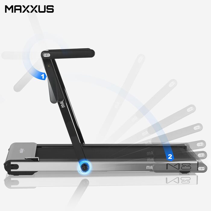 Бігова доріжка MAXXUS M8 електрична 2 к.с. 12 км/год, 125x45 см, Bluetooth, LCD, додаток, складна, тримач для планшета, фітнес для дому та офісу, червона/срібляста/бронзова