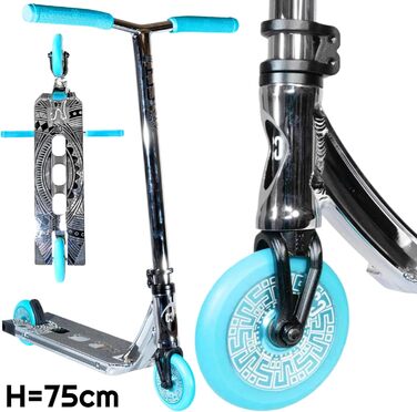 Скутер для трюків CORE Trick Tretroller 110mm, ABEC 9, для початківців та професіоналів, від 5 років, регульована висота 78-95 см, + наклейки Fantic26 (Park CL1 Mini H=75 Chrome/Teal)