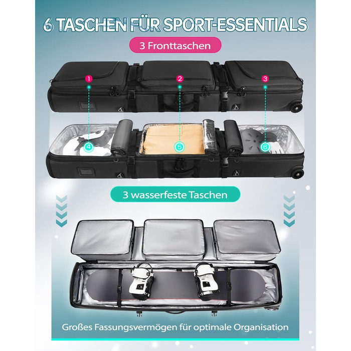 Чохол для сноуборду YOREPEK на колесах, водонепроникний, з кишенями для черевиків, розширюваний, 170 см, для 2 пар лиж/сноуборду, чорний