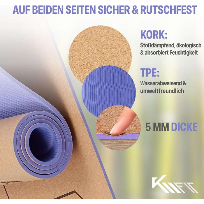 Йога-мат KM-Fit TPE з ременем, нековзка фітнес-мат для пілатесу, гімнастики та тренувань, з чохлом, йога-ременем і масажним м'ячем