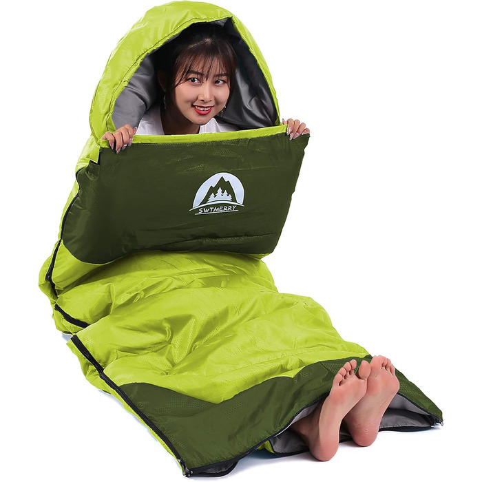 Сплячий мішок SWTMERRY для 3-4 сезонів (літо, весна, осінь, зима) – теплий та холодний клімат, легкий, для підлітків та дорослих, для походів, рюкзаків та кемпінгу. (Односпальний, Зелений)