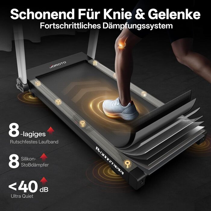 Біговий тренажер JOROTO для дому, складаний, 2.5PS, нахил 1-10%, LED дисплей, 15 програм, 1-16 км/год, велика площа бігової доріжки 130×48 см, Bluetooth, Kinomap, вантажопідйомність 150 кг, чорний