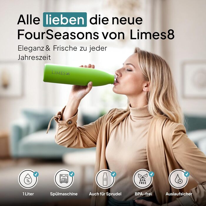 Термос Limes 8 FourSeasons 1 л – сталева термобутилка для гарячих і холодних напоїв, герметична, підходить для газованої води, ізоляційна пляшка для всіх сезонів