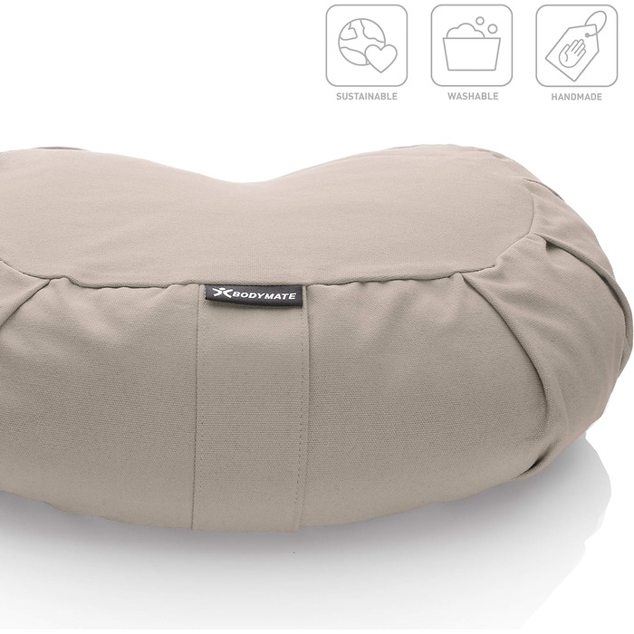 Подушка для йоги BODYMATE Halbmond 42x30x15 см, сіра, з гречаним лушпинням, знімний чохол з бавовни