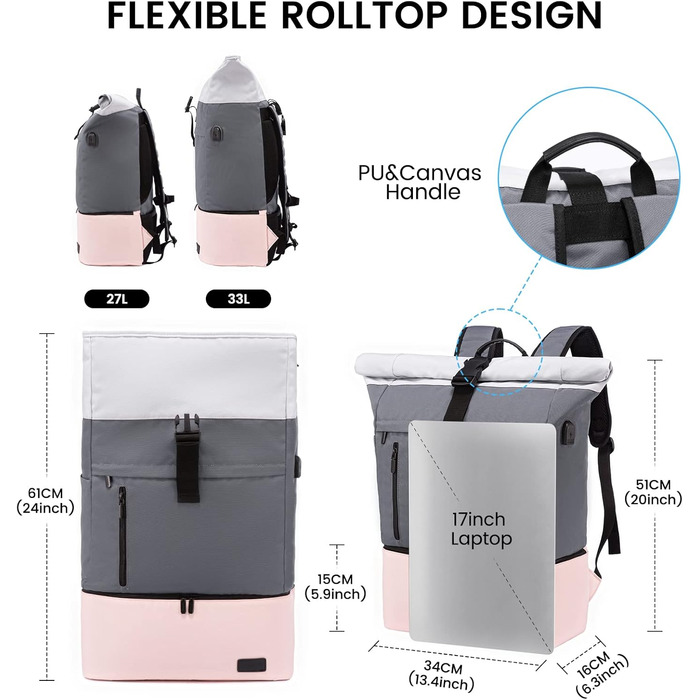 Жіночий водонепроникний рюкзак LOVEVOOK Rolltop з відділенням для взуття та ноутбука 17 дюймів, для подорожей, школи, спорту, сіро-рожевий