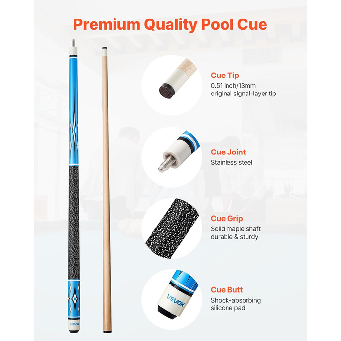 Кю (біліардна палиця) VEVOR, 147.3 см, з багатошаровим наконечником, ABS-з'єднувальний кільце, для професійного більярду, бару, дому, офісу (канадський клен, 4-секційна)