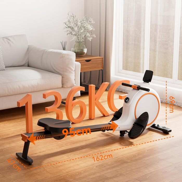 Гребний тренажер для дому з магнітним опором, 32 рівні, 136 кг, сумісність з додатком, LCD-дисплей, білий-помаранчевий