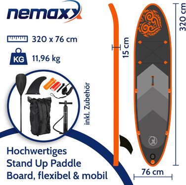 Надувний SUP Board NEMAXX® PB320 II – 320x78x15 см, до 140 кг, комплект з сумкою, веслом, плавником та насосом