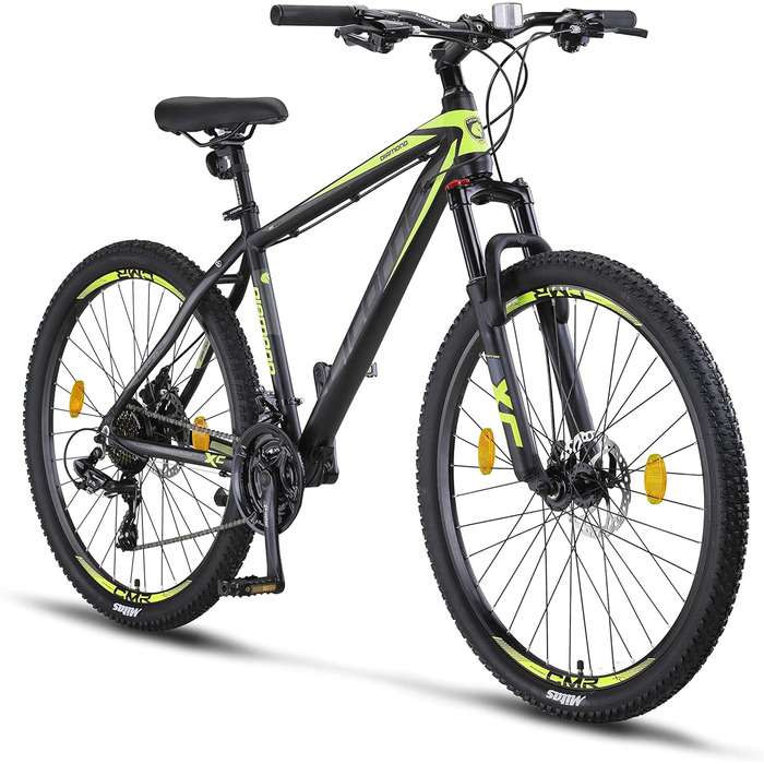 Гірський велосипед Licorne Bike Diamond Premium 27.5'' алюмінієвий, 21 швидкість, дискові гальма, регульована вилка, чорний-лайм, для хлопців, дівчат, чоловіків і жінок