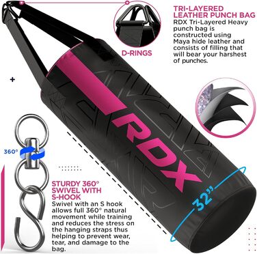 Боксерський мішок для дітей RDX, 60 см, комплект для боксу, кікбоксингу, ММА, муай-тай, карате. Мішок з шкіри Maya Hide, рожевий (без рукавичок)