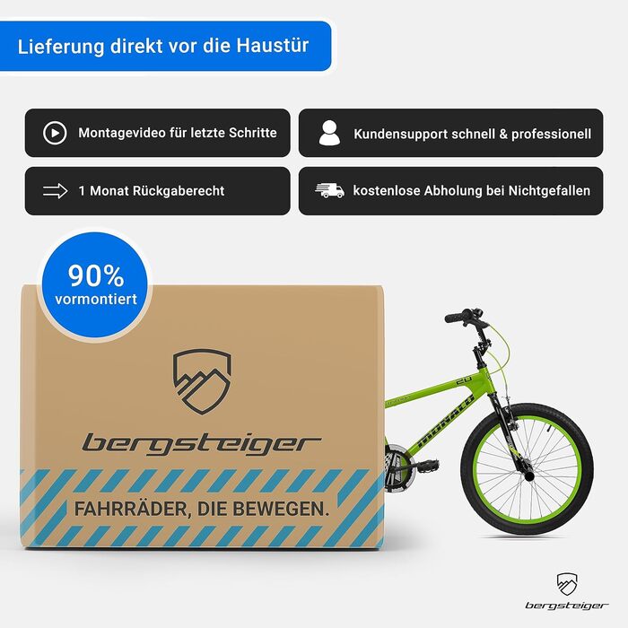 Дитячий велосипед BMX Bergsteiger Monaco 20 дюймів, фрістайл, 6-9 років, 4 сталеві пеги, захист ланцюга, вільний хід, зелений