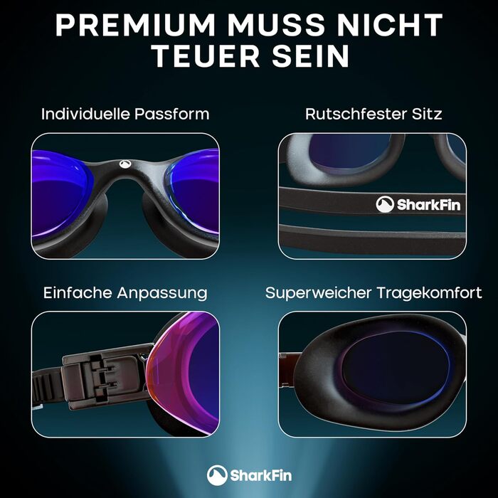 Окуляри для плавання SharkFin з захистом від УФ та запобіганням запотіванню, комфортні, з етиуі, для дорослих та підлітків, блакитні