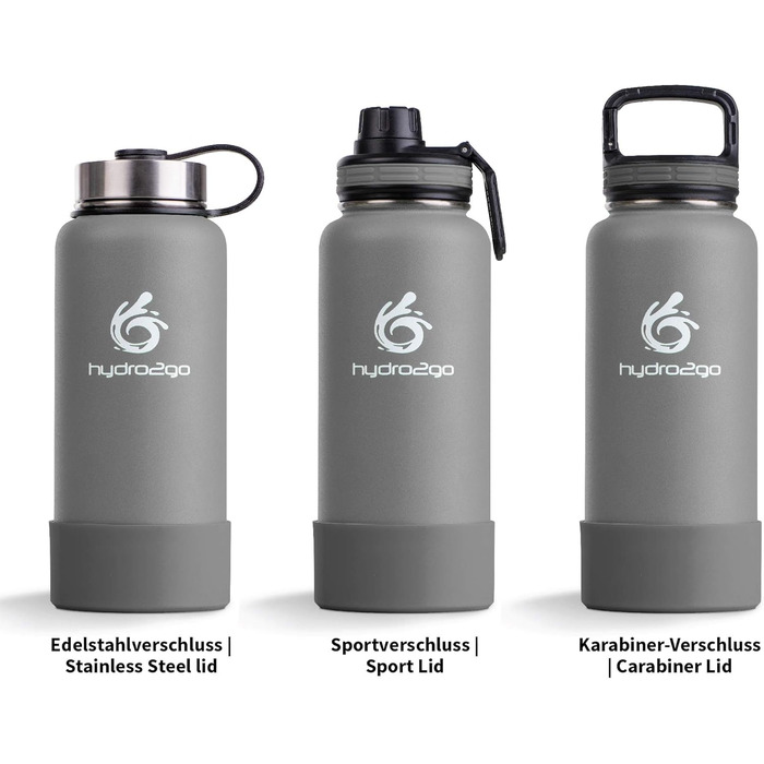 Гідрофляга hydro2go X-AlpsBottle 1 л з нержавіючої сталі – вакуумна термобутилка з 3 кришками, подвійними стінками, для спорту та туризму, Stone Grey