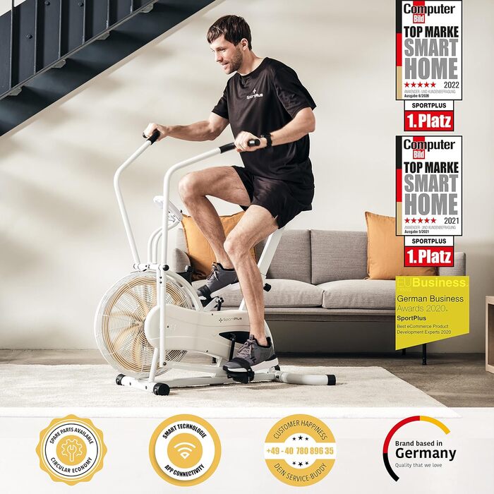 Фітнес-велотренажер SportPlus Air Bike з повітряним опором, сумісний з додатком, для HIIT, домашній кардіотренажер, LED-дисплей, до 100 кг, Snow/Sun (нова модель)