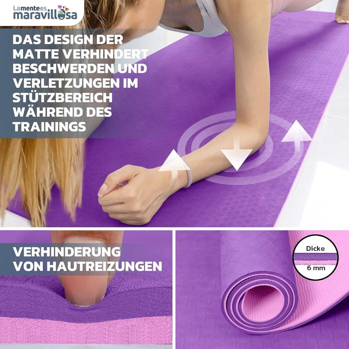 Килимок для гімнастики та йоги LA MENTE ES MARAVILLOSA: протиковзкий, TPE, 183x61 см, з сумкою та інструкцією, для фітнесу, пілатесу, indoor/outdoor, фіолетовий/рожевий