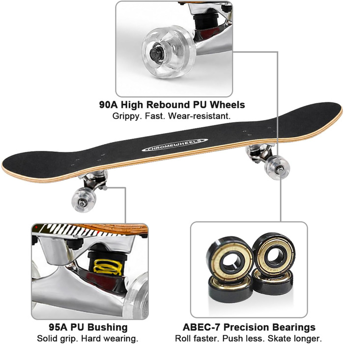 Скейтборд ChromeWheels 31 дюйм Double Kick Cruiser Longboard для дітей та початківців, 8 шарів клена, білий