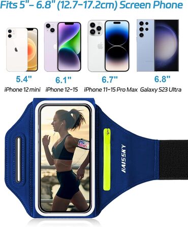Спортивна сумка для телефону на руку Razobws з відділенням для навушників, підходить для iPhone 17 16 15 14 13 12 11 Pro Max, Galaxy S24 S23 Ultra, чорний/морський блакитний (до 6.8 дюймів)