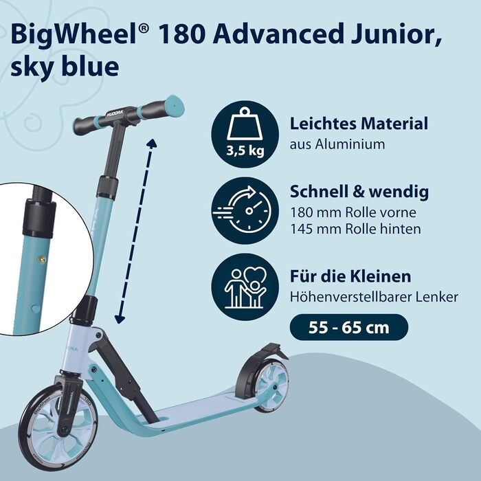 Дитячий самокат HUDORA BigWheel 180 Advanced Junior, складаний, з рефлекторами, регулювання висоти, для хлопчиків і дівчаток від 3 років, до 60 кг