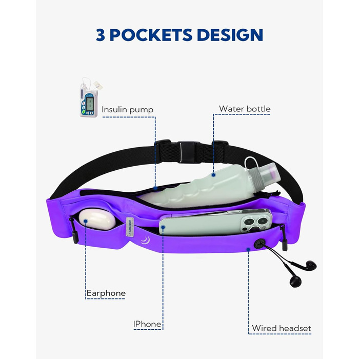Поясна сумка WATERFLY для бігу та фітнесу: тримач для телефону, поясна сумка для джогінгу, спортивний пояс для жінок та чоловіків (Ліловий)
