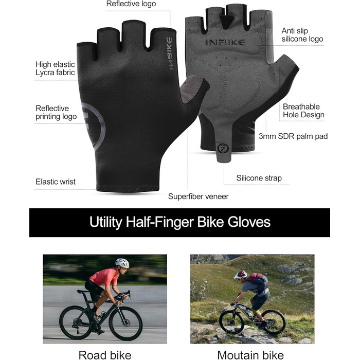 Велосипедні рукавички INBIKE літні напівпальцеві дихаючі, з еластичністю, для шосе та MTB, 3 мм SDR, антиковзаючі, з світловідбиваючими елементами, чорні, чоловічі/жіночі