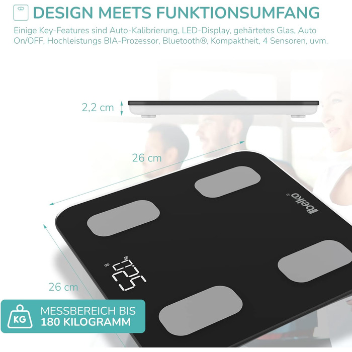 Вага Belko для вимірювання жиру в тілі Smart з Bluetooth® та додатком для вимірювання жиру, ІМТ, ваги, м'язової маси, води, білка, BMR та іншого, чорна