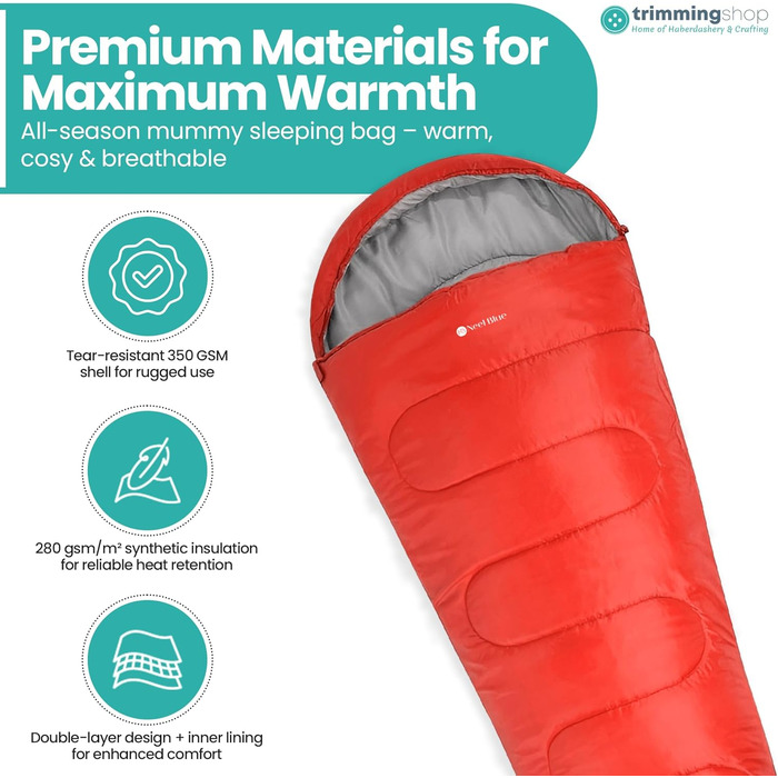 Спальний мішок Mumienschlafsack для дорослих - легкий, компактний, водонепроникний з капюшоном, 220x85 см, для кемпінгу, походів, подорожей (червоний)