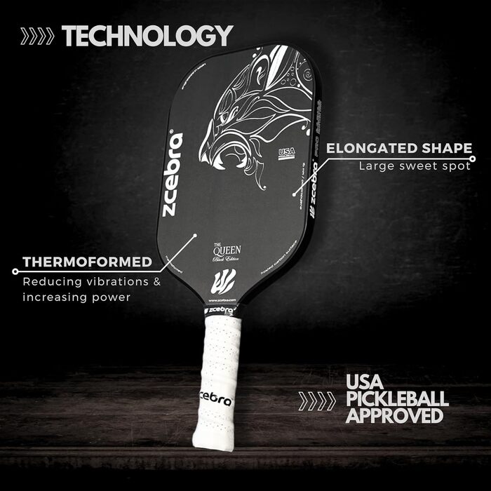 Zcebra Pickleball The Queen — падельна ракетка з чистого карбону T700, 16 мм, термоформована, сертифікована для Pickleball у США, чорна