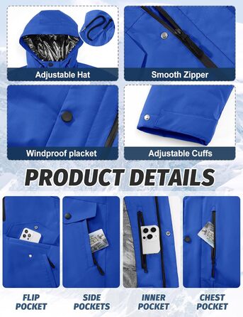 Водонепроникна зимова куртка Voqeen для чоловіків, тепла сноуборд куртка з капюшоном, вітрозахисна, для активного відпочинку, з термо-функціональною підкладкою, для походів та катання на сноуборді (Блакитний, XL)