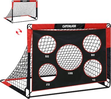 Дитячі футбольні ворота CATCHLUCK 2-в-1 для саду, 150x120x120 см, з 5 отворами для ударів, сумкою та кілочками, червоні
